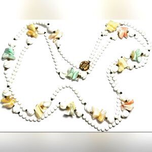 Vintage Necklace Long White Bead MOP Shell Inlay Pastel Gold Tone 59"